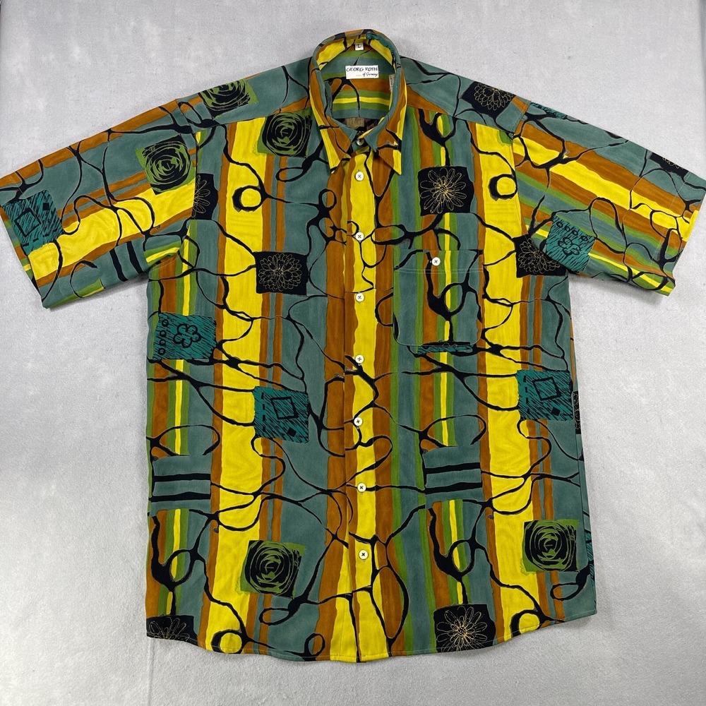 Georg Roth Button Up Mens L Multicolor Abstract Floral Stripe Art Deco Shirt